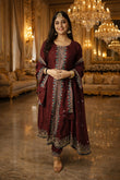 Maroon Embellished Silk Anarkali Kurta With Dupatta