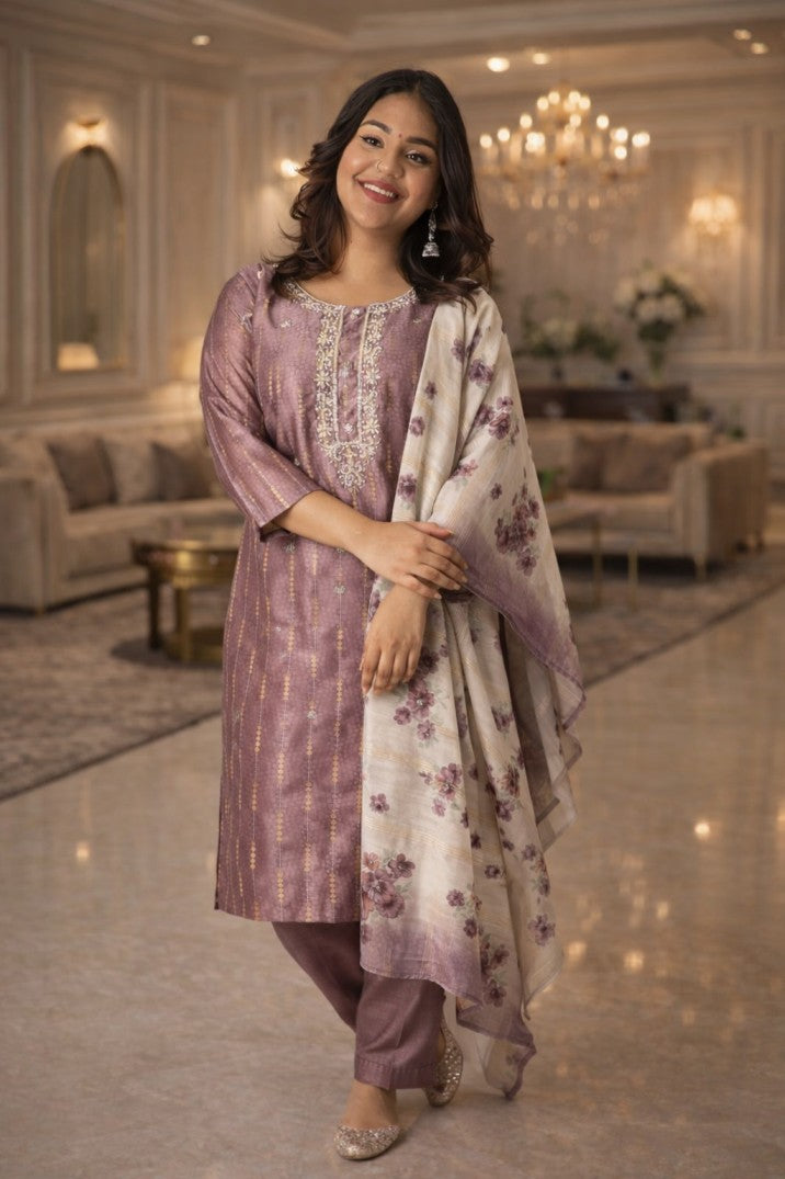 Onion Pink Thread Straight Kurta Set
