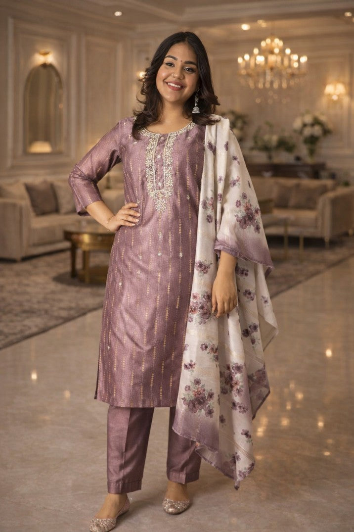 Onion Pink Thread Straight Kurta Set
