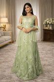 Pista Green Thread Embroidered Net Lehenga Set