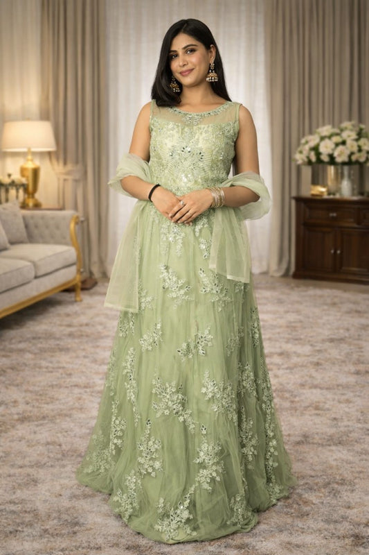 Pista Green Thread Embroidered Net Lehenga Set