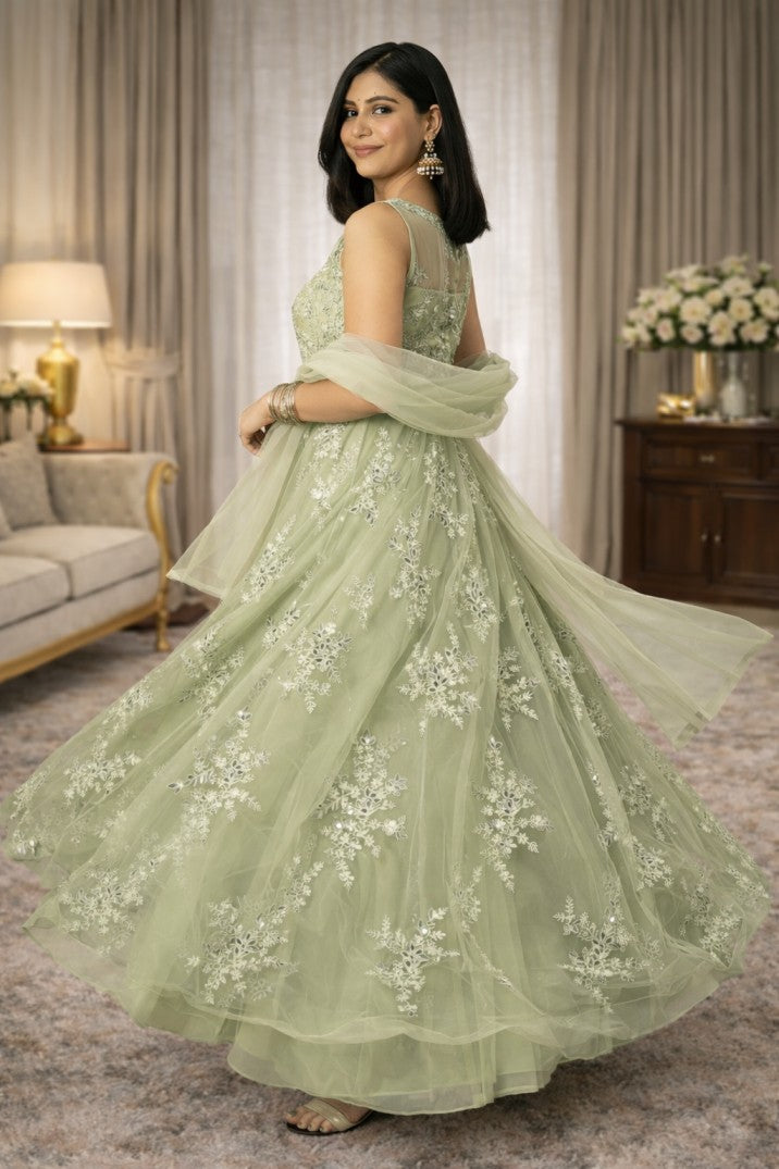 Pista Green Thread Embroidered Net Lehenga Set