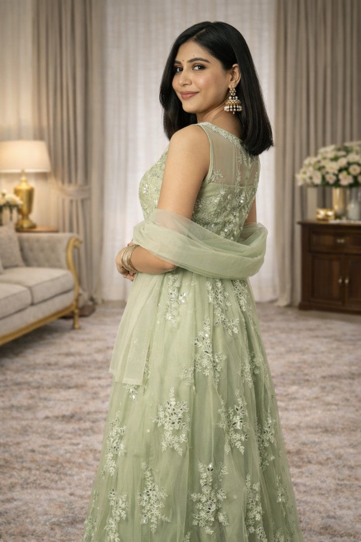 Pista Green Thread Embroidered Net Lehenga Set