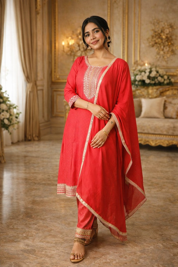 Ruby Pink Anarkali With Embellished Dupatta