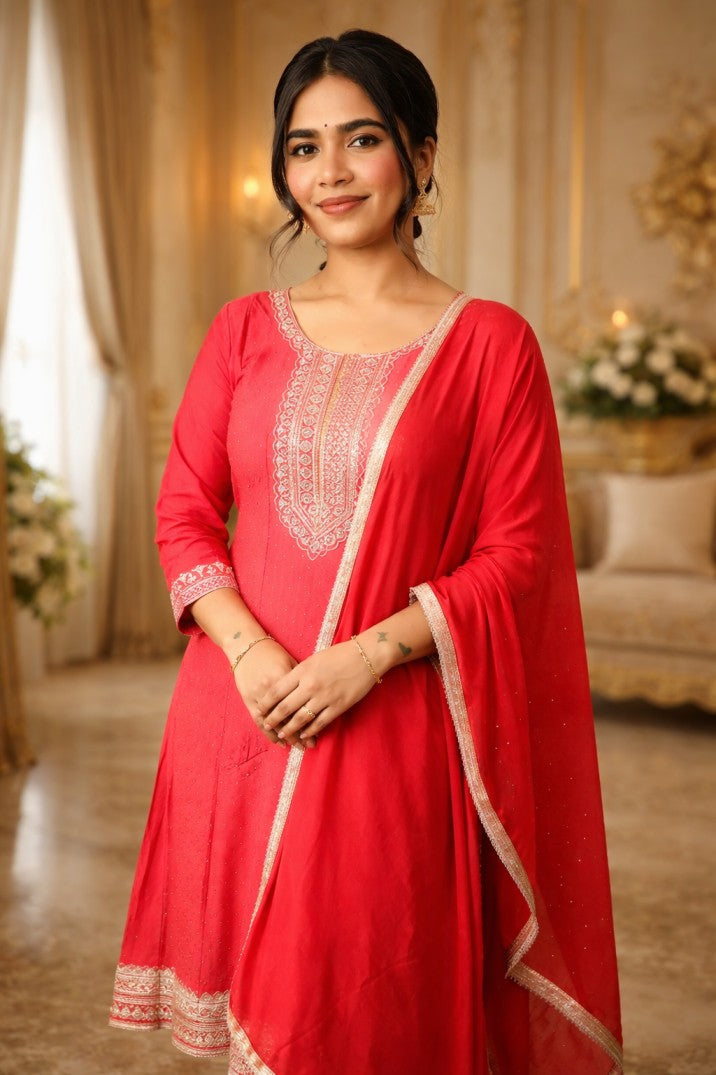 Ruby Pink Anarkali With Embellished Dupatta