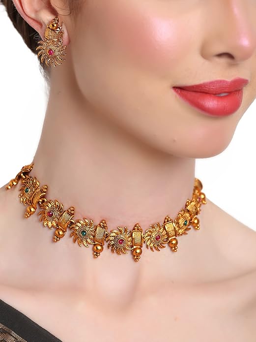 Shining 18k Gold Plated Stylish Fancy Choker Traditional Necklace Jewellery Set