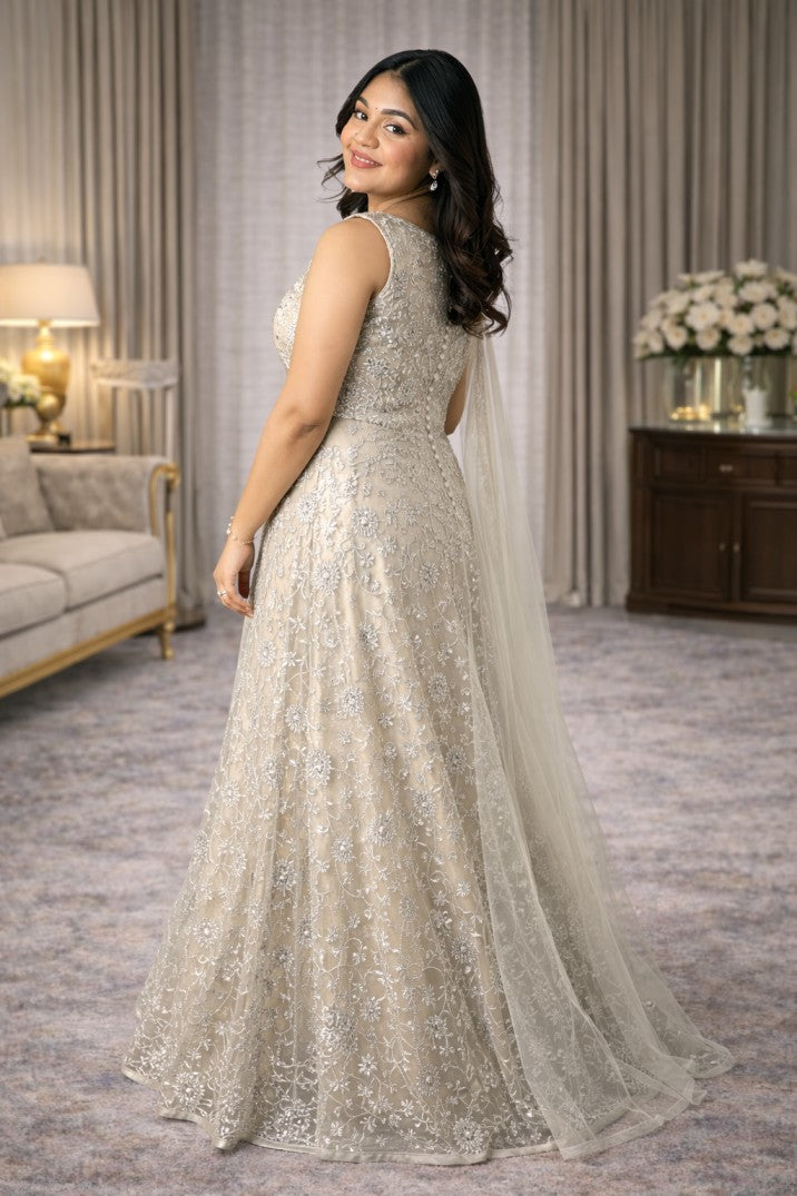 Gold Thread Embroidered Net Lehenga Set