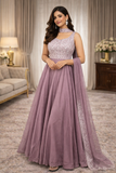 Lavender Embellished Anarkali Gown With Embellished Belt And Dupatta