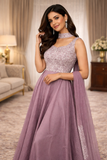 Lavender Embellished Anarkali Gown With Embellished Belt And Dupatta
